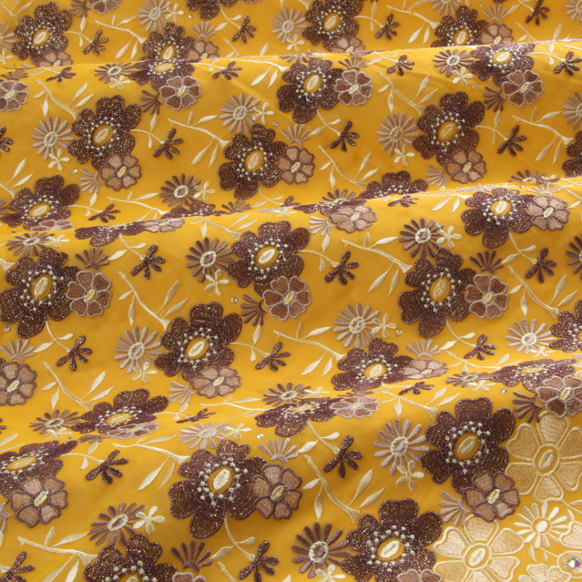 Embroidery mustard yellow-beige-light eggplant- eggplant lurex