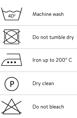 Care instructions, wash 40°, do not tumble dry, iron up to 200°, dry clean, do not bleach