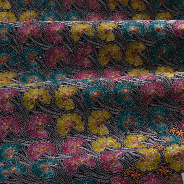 Embroidery black-grey-peach-yelow-pink-green turquoise lurex