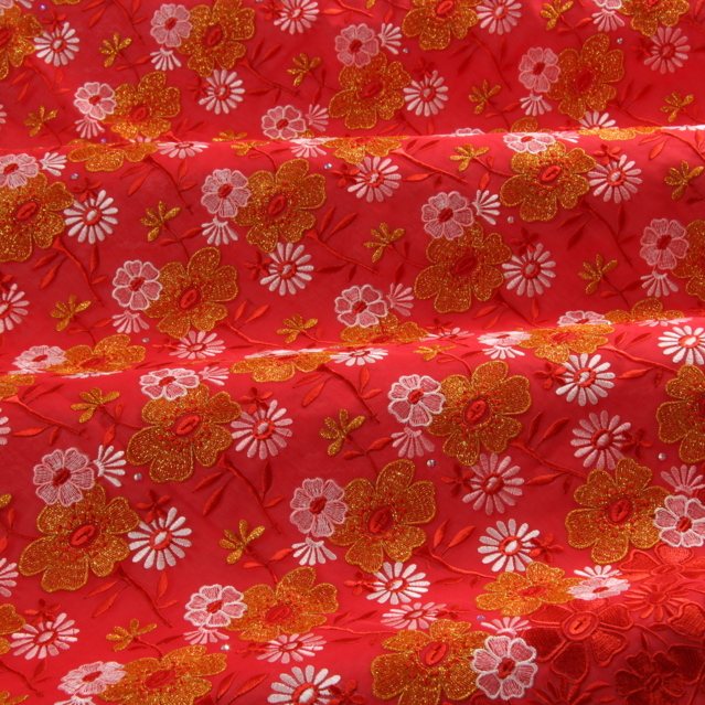 Embroidery red-rose-off white-orange lurex