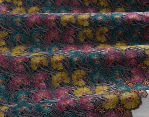 Embroidery black-grey-peach-yelow-pink-green turquoise lurex